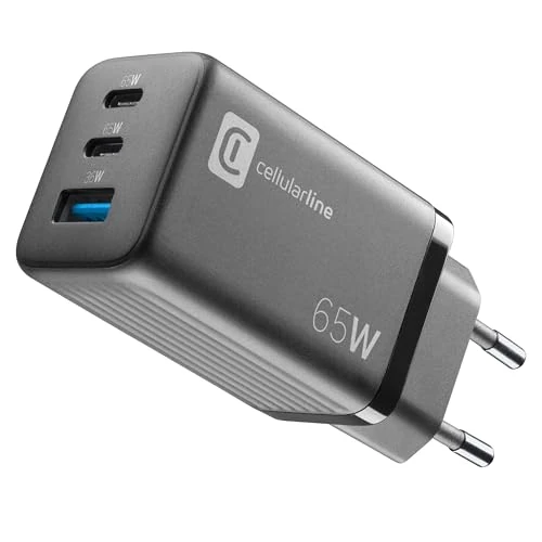 Cellularline | Multipower Micro Netzladegerät | Super Fast Charger 65W mit 3 USB-C-Anschlüssen - ausgestattet mit Gan-Technologie - Kompatibel mit Smartphones, iPhone, Tablet, iPad, Laptop und MacBook