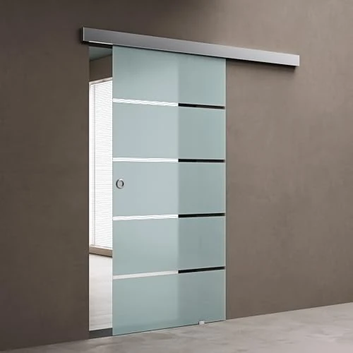 Zeitlich begrenztes Angebot: doporro Glasschiebetür Komplettset 90 x 215 cm | 25mm Wandabstand | Schiebetür mit ESG-Sicherheitsglas | Zimmertür Glas mit 5-Milchglas-Streifen und Muschelgriff | Amalfi-plus 11H von 269.95 € auf 269.95 € (0.00% Rabatt)