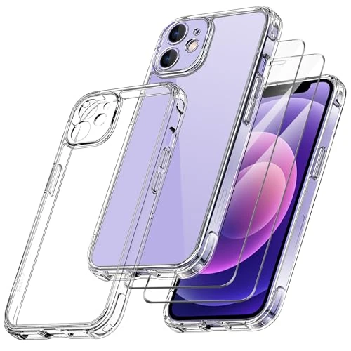 Qasyfanc Camera Cover for iPhone 12 Case with 2 Pack Tempered Glass Screen Protector, Non-Yellowing Shockproof Phone Bumper Cover, Hard PC Anti-Scratch iPhone 12 Phone Case- Clear
