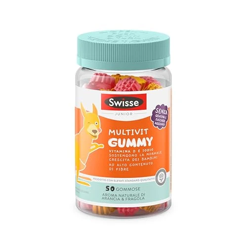 SWISSE Junior Multivit Gummy Multivitamine voor kinderen met vitamine D ter ondersteuning van de groei en ontwikkeling van botten, 50 gommen met jodium, met een hoog vezelgehalte, sinaasappel en