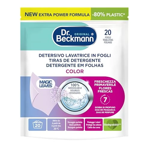Offerta a tempo: Dr. Beckmann MAGIC LEAVES Detersivo Lavatrice in fogli CAPI COLORATI | Facile da usare, facile da riporre & da trasportare | 20 fogli - 39% da 7.99 € a 4.86 €