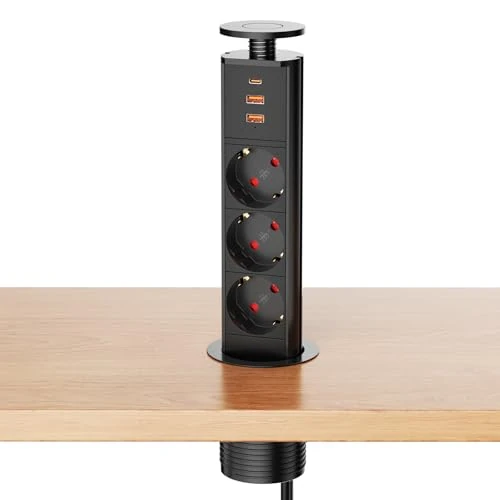 Retractable Table Power Strip with USB C 3 Outlets and 2 USB A Ports, Black Recessed Socket for Worktop, 4000W/16A, 6ft Cable