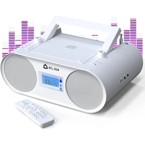 KLIM Boombox B4 CD Player Portable Audio System - New - AM/FM Radio with CD Player MP3 Bluetooth AUX USB - Wired & Wireless Mode Rechargeable Battery - Remote Control Autosleep Digital EQ White