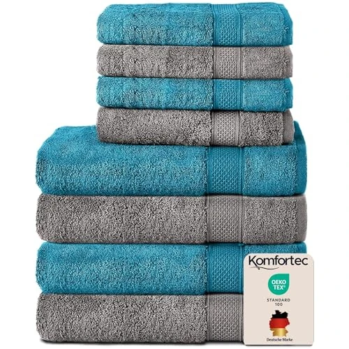 Oferta limitowana: Komfortec Zestaw 8 ręczników ze 100% bawełny, 4 ręczniki kąpielowe 70 x 140 cm i 4 ręczniki do rąk 50 x 100 cm, frotte, miękkie, duże, antracytowo-szare/turkusowe z 190.12 zł na 190.12 zł (oszczędź 0.00%)