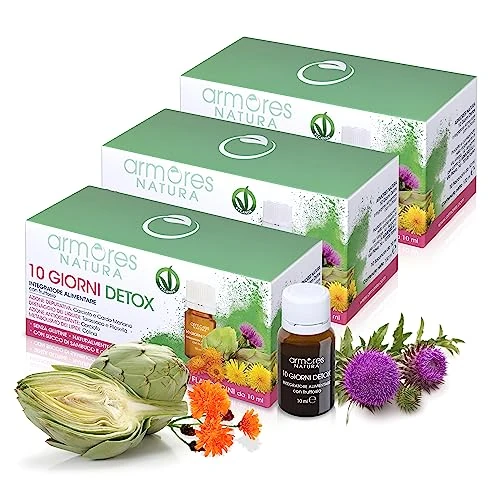 Armores Natura Integratori Alimentari, 10 Giorni Detox, Integratore Depurativo e Drenante per la Normale Funzione Epatica, a Base di Estratti Vegetali e Colina, Vegano, 3 Pack da 10 Flaconcini