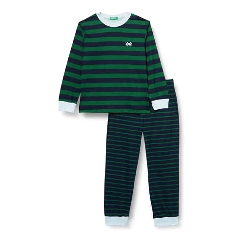 United Colors of Benetton Boy's Pig(Maglia+Pant) 3ZTH0P04W Pajama Set, Righe Verde Bosco e Blu Scuro 65K, 90
