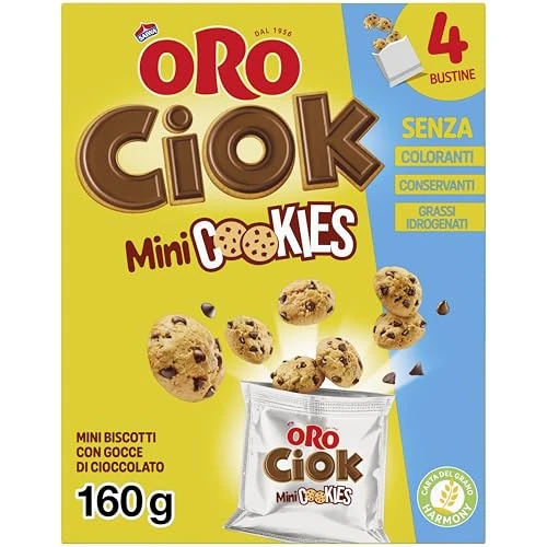Offerta a tempo: Oro Ciok Mini Cookies, Mini Biscotto Cookies Ripieno di Gocce di Cioccolato al Latte, Merenda Semplice e Golosa, Fonte Naturale di Fibre, Senza Coloranti e Conservanti, 160g (4 monoporzioni da 40g) - 29% da 2.69 € a 1.92 €