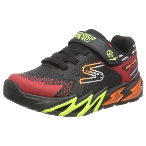 Skechers Boy's Flex-Glow Bolt Sneakers, Black Synthetic / Textile / Red, Orange, & Ye, 11 UK Child