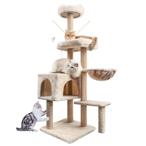 HOMIDEC Árbol Rascador para Gatos, 145cm, Torre de Escalada Estable con Varios Niveles, Actividades para Gatos con 7 Postes de sisal, 5 Plataformas, 2 nidos