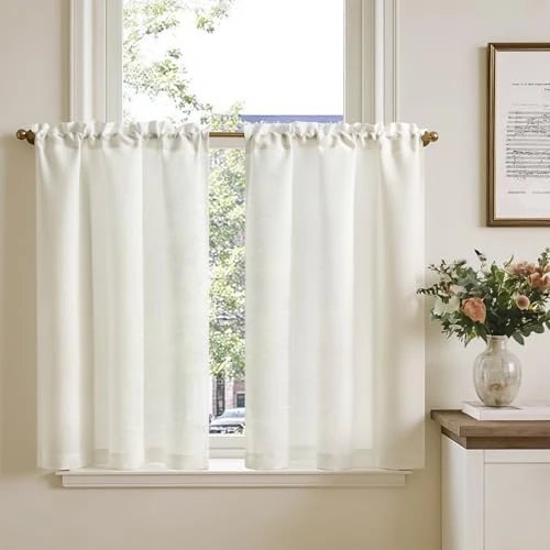 Tijdelijke aanbieding: TOPICK Vitrage, bistrogordijn, set van 2 stuks, 90 x 65 cm (h x b), wit, linnenlook, raamgordijn, gordijn, gaas, sjaals, lichtdoorlatend, raamsjaal, keuken, woonkamer, landhuis van 15.99 € naar 15.99 € (0.00% korting)