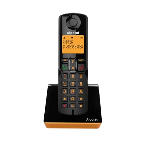 ALCATEL S280 - Teléfono inalámbrico DECT - Diseño Compacto - Pantalla Grande retroiluminada - Manos Libres - Bloqueo de Llamadas - Agenda 50 contactos - Negro/Naranja