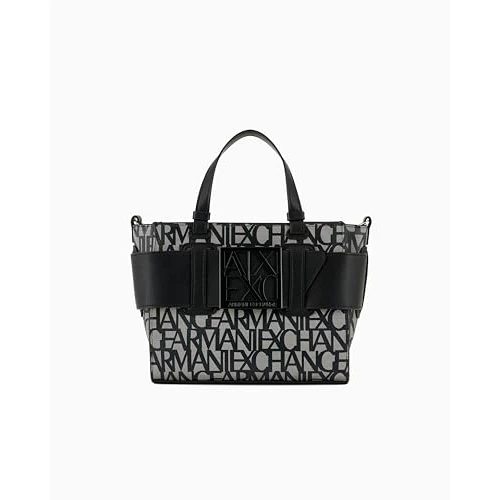 Armani Exchange Women's Logo Placket Crossbody Zip Top Medium Tote, Beige/Black, beige/zwart.