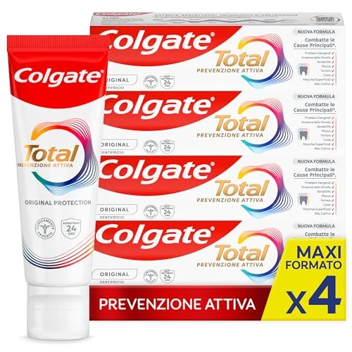 Offerta a tempo: Colgate Dentifricio con Ingredienti Antibatterici Total Original 4 Confezioni da 100 ml I 24h di Protezione di Denti, Lingua, Guance e Gengive I Rimuove la placca I Rafforza e Ripara lo smalto** - 4% da 14.59 € a 14.07 €