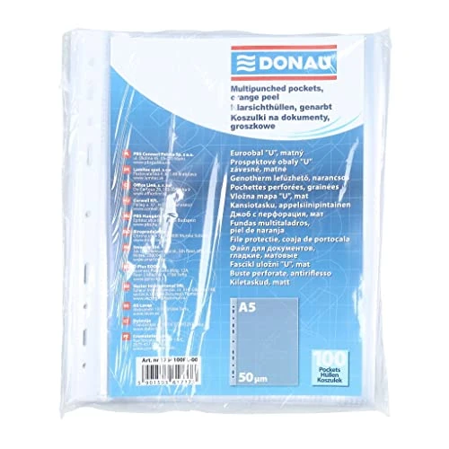 DONAU - Buste trasparenti per documenti, formato DIN A5, 100 pezzi, con grana superiore, aperte, forate, in plastica per documenti, documenti, carta/trasparente, 50 micron (confezione da 1 pezzi)