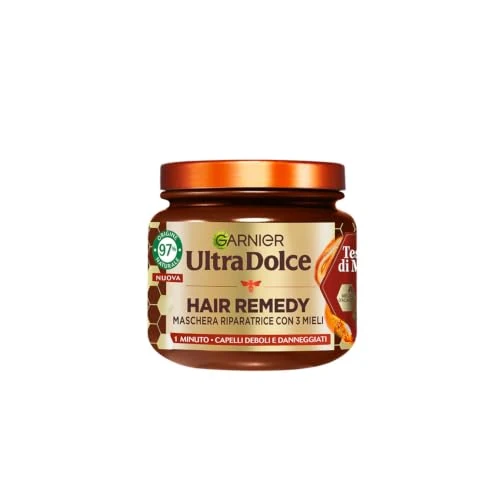 Offerta a tempo: Garnier Ultra Dolce Tesori di Miele, Maschera Riparatrice Per Capelli Danneggiati, 97% Origine Naturale, 1 Minuto di Posa, Senza siliconi, Hair Remedy, 340 ml - 40% da 4.99 € a 2.99 €