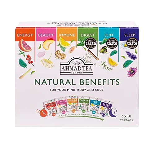 Offerta a tempo: Ahmad Tea Natural Benefits, Selezione di Tè con sei Infusi alla Frutta e alle Erbe, Naturali e Gustosi - 18% da 15.93 € a 13.13 €