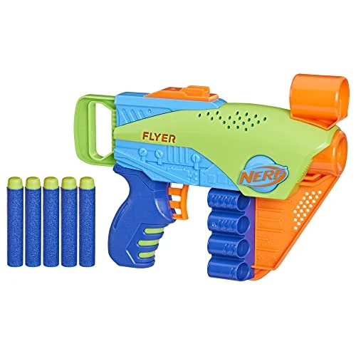 Hasbro Nerf Elite, Junior, Flyer, eenvoudig te bedienen speelgoedblaster, voor jongens en meisjes vanaf 6 jaar, grote zoeker, kaarthouder, inclusief 5 officiële Nerf Elite-pijlen, meerkleurig