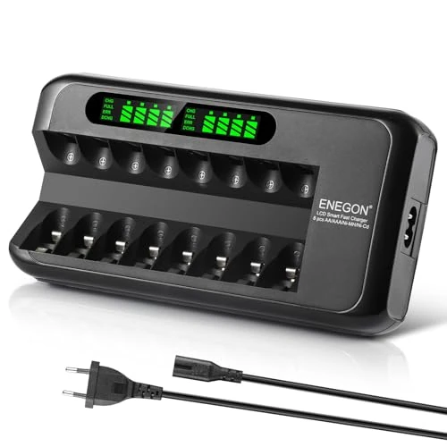 ENEGON Cargador Rápido Inteligente para Pilas Recargables AA AAA Ni-MH Ni-CD con Pantalla LCD, 8 Slots Independientes, Protección y Adaptador de Corriente 100-240V