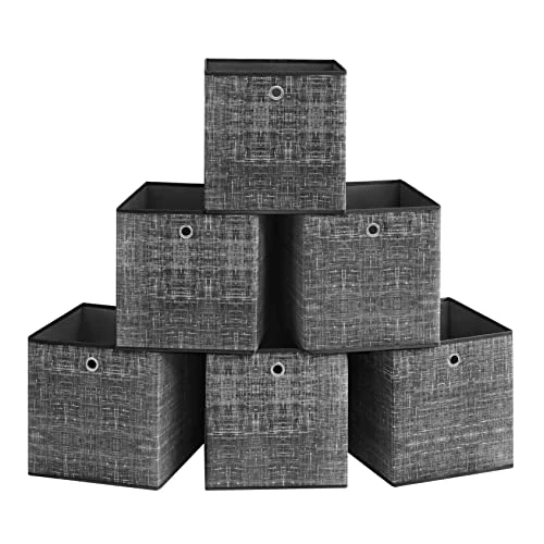 SONGMICS Boîtes de Rangement, Lot de 6, Coffres de Rangement en Tissu Non-Tissé avec Poignée, 33 x 33 x 33 cm, Cubes, pour Étagère, Pliables, Rangement de Vêtements, Noir RFB033B01