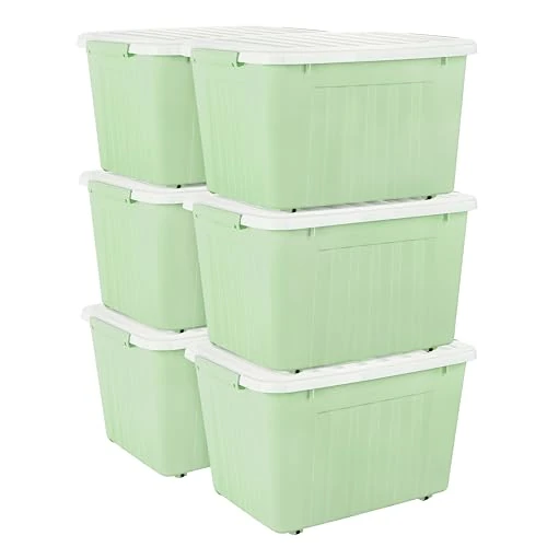 Limited-time offer: Cetomo 80L*6 Storage Boxes with Lids, Plastic Storage Box with Wheels and Secure Side Latches, Stackable & Nestable Organizer for Home, Office, Moving, PP, Green, 80L-6 Pack from 91.23 £ to 91.23 £ (save 0.00%)