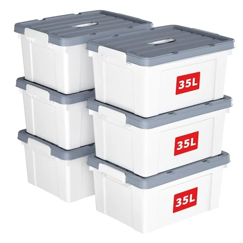 Cetomo 35L*6 Caja de Almacenamiento con Asa, Caja de Plástico con Tapa y Cierre Seguro, Contenedor de Almacenamiento Grande, Duradera, Apilable, Resistentes, Blanco, Paquete de 6 de 35L