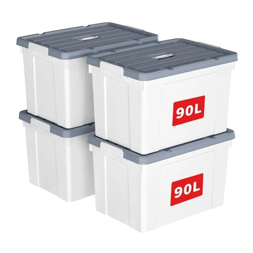 Cetomo 90L*4 Caja de Almacenamiento con Asa, Caja de Plástico con Tapa y Cierre Seguro, Contenedor de Almacenamiento Grande, Duradera, Apilable, Resistentes, Blanco, Paquete de 4 de 90L