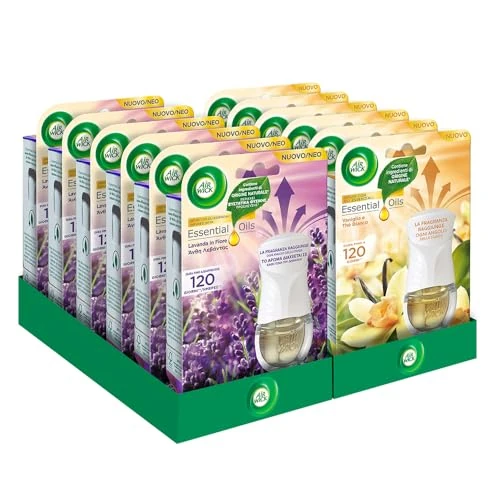 Offerta a tempo: Airwick Kit Diffusore Elettrico di Oli Essenziali, Confezione da 12 Kit (Gadget e Ricarica), Profumatore per Ambienti Elettrico, 6 alla Fragranza di Lavanda, 6 Vaniglia - 35% da 51.48 € a 33.50 €