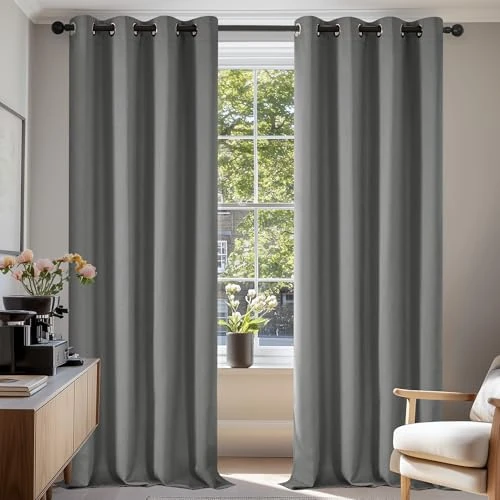 Tijdelijke aanbieding: Deconovo Warmte-isolerende verduisteringsgordijnen, modern design met oogjes, gordijnen voor woonkamer en slaapkamer, 140 x 300 cm (breedte x hoogte), lichtgrijs, 2 stuks van 49.99 EUR naar 49.99 EUR (korting 0%)
