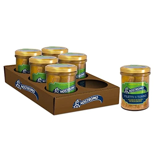 Offerta a tempo: Nostromo Filetti di Tonno all’Olio Extravergine di Oliva 180g – 6 Vasetti, Qualità Superiore, Lavorati a Mano – Fonte di Omega 3, Gusto Premium - 16% da 29.34 € a 24.56 €