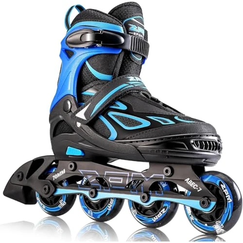 2PM SPORTS Vinal Girls Adjustable Flashing Inline Skates, All Wheels Light Up, Fun Illuminating Skates for Kids and Men - Blue Large