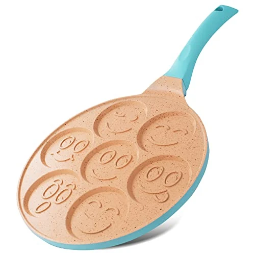 Limited offer: Joeji's Kitchen 7 Hole Pancake Pan 26cm - Smiley Faces Mold - Non Stick and Induction Suitable - Lightweight Cast Aluminium - Mini Pancakes - Fun Kids Breakfast - Blue from 25.98 EUR to 25.98 EUR (save 0%)