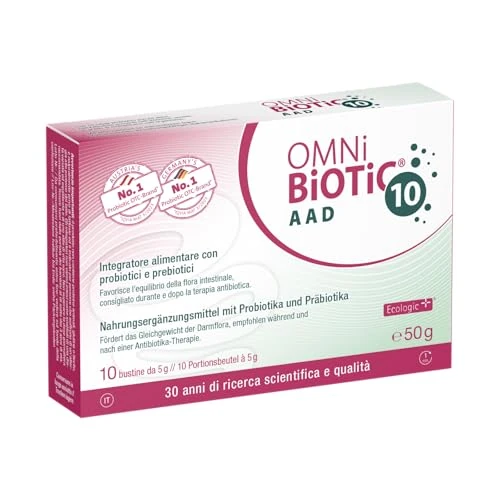 OMNi BiOTiC 10 AAD | 10 Bustine da 5 g | Consigliato durante e dopo la terapia antibiotica | Per l’equilibrio della flora intestinale | Polvere | Con 10 Ceppi Probiotici | VEGANO | Senza OGM |