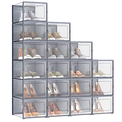 SONGMICS Schuhboxen, 18er Set, Schuh-Organizer aus Kunststoff, faltbar und stapelbar, für Schuhe bis Größe 46, transparent-grau LSP007G18