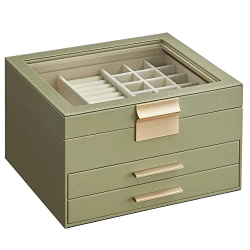 SONGMICS GISELLA Collection - Jewellery Box with Glass Lid, 3-Layer Jewellery Storage Organiser with 2 Drawers, Modern, Gift Idea, Sage Green and Gold, 20.3 x 23.1 x 13.5 cm JBC239C02V1