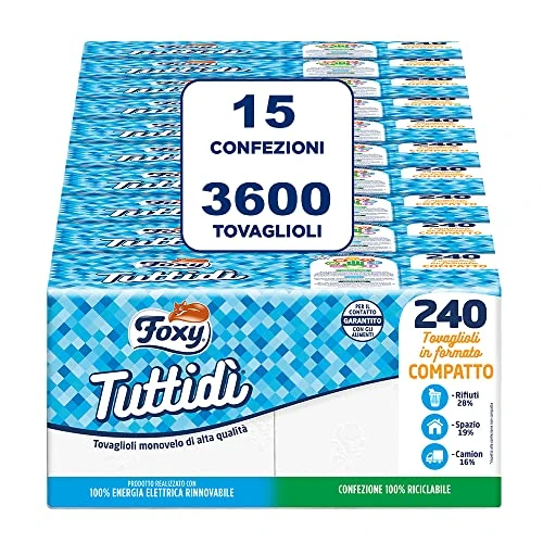 Foxy Tuttidì| Tovaglioli Monovelo Alta Grammatura Bianco Naturale | 15 confezioni da 240 pezzi 31,5x30 cm | Certificazione PEFC | Confezione Riciclabile
