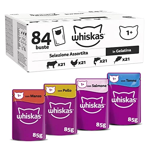 WHISKAS Comida para Gatos – 84 Bolsas de frescura de 85 g – Paté para Gatos Adultos en gelatina – Tarjeta Mixta (4 variedades) – Comida húmeda Completa y equilibrada, 84 x 85 g