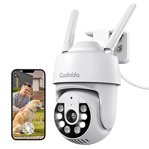 Offerta a tempo: 2K Telecamera Wi-Fi Esterno con vista a 360°, Codnida 3MP Videocamera Sorveglianza con fili PTZ Telecamera con Visione Notturna, Tracciamento Automatico del Movimento,Allarme Sonoro e Luminoso - 11% da 31.34 € a 27.97 €