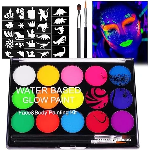 Limited-time offer: URAQT Face Paint Kit, 15 Color UV Glow Neon Face Painting Palette | Washable Face Paints, with 2 Brushes 40 Stencils, Safe Non-Toxic, Body Paint for Adults Kids Halloween Carnival, Makeup Paint from 6.99 £ to 5.64 £ (save 19%)