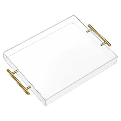 Offerta a tempo: Vassoio da portata in acrilico trasparente con manici dorati, vassoio robusto in acrilico per caffè, succhi di frutta, cucina e scrivania, vassoio portaoggetti (28 x 35,6 cm) - 0.00% da 20.00 € a 20.00 €