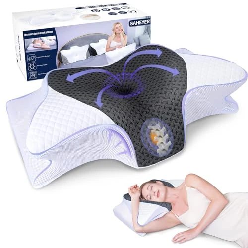 SAHEYER Ergonomic Cervical Pillow, Memory Foam Pain Relief Orthopedic Pillow Ergonomic Neck Support Pillow, Side and Back Sleep Pillow, 60x36x13/10CM
