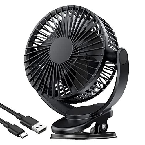 ATEngeus Rechargeable Clip-on USB Desk Fan, 3 Speeds, 5000mAh Battery, 720Rotation, Sturdy Clamp for Home, Camping, Treadmill and Car