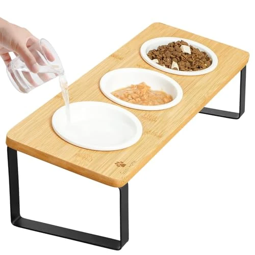 Oferta limitada: GUUSII HOME Comedero Gato Elevado 3 Cuencos Comederos para Gatos Antivómitos Inclinado 15° Ceramica Cuenco Gato 3 en 1 con Soporte de Bambú Natural para Evitar la Fatiga de los Bigotes (Color Madera) de 37.29 € a 37.29 € (ahorro 0.00%)
