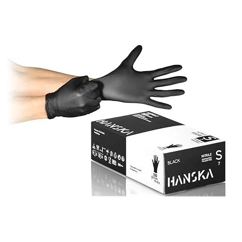 Offerta a tempo: HANSKA 100 Guanti Monouso Nitrile Neri - Senza Polvere - Usa e Getta- Ambidestri - Non Sterili - Base di Gomma - Adatti per Ambiti Medici, Manipolazione degli Alimenti (100, S) - 0.00% da 6.99 € a 6.99 €
