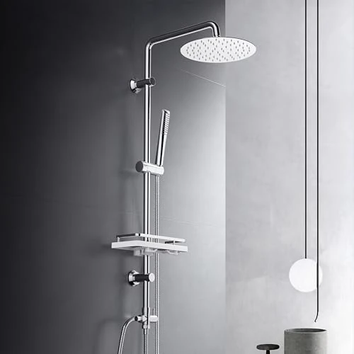 Offerta a tempo: Görbach Colonna Doccia Acciaio Inox Senza Miscelatore Fori Muro Regolabili Colonna Doccia idromassaggio Asta Doccia Saliscendi Doccia con soffione a Pioggia e Porta Ogetti Mensola(D20cm) - 22% da 84.99 € a 66.38 €