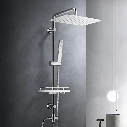 Görbach Zestaw prysznicowy z deszczownicą, system prysznicowy z półką chromowaną, zestaw drążków prysznicowych bez armatury prysznicowej (35 x 25 cm)