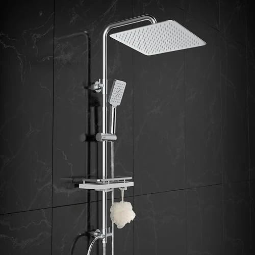 Görbach Słupek prysznicowy bez kranu ze stali nierdzewnej, chromowana, regulowany, system deszczowy z głowicą prysznicową z efektem deszczu, półką i prysznicem (25 x 25 cm)