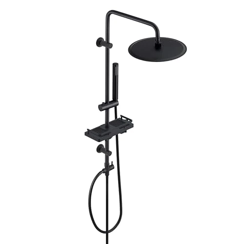 Offre limitée : Görbach Colonne de Douche sans Robinet en acier inoxydable, Ensemble de Douche Murales Réglables avec Pommeau de douche Effet Pluie, Étagère et Douchette 25 cm Noir de 109.99 € à 82.12 € (25% de remise)