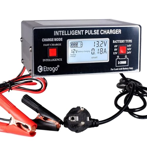 Etrogo 24V Battery Charger Pulse Automatic with LCD Screen, Intelligent & Fast Charging for 6V/8V/12V/14V/16V/24V Lead Acid Batteries