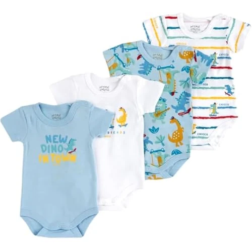 Chicco Baby Boys' Set of 4 Short Sleeve Bodysuits Toddler Sleepers, White/Light Blue, 6 Months