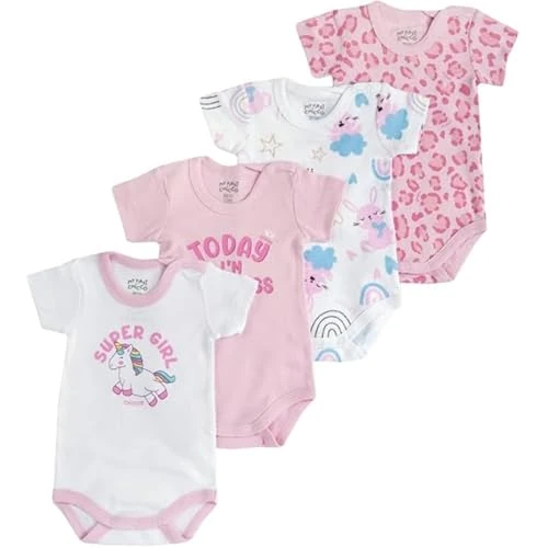 Chicco Baby Boys' Set of 4 Short Sleeve Bodysuits Toddler Sleepers, White/Pink, 0 Months